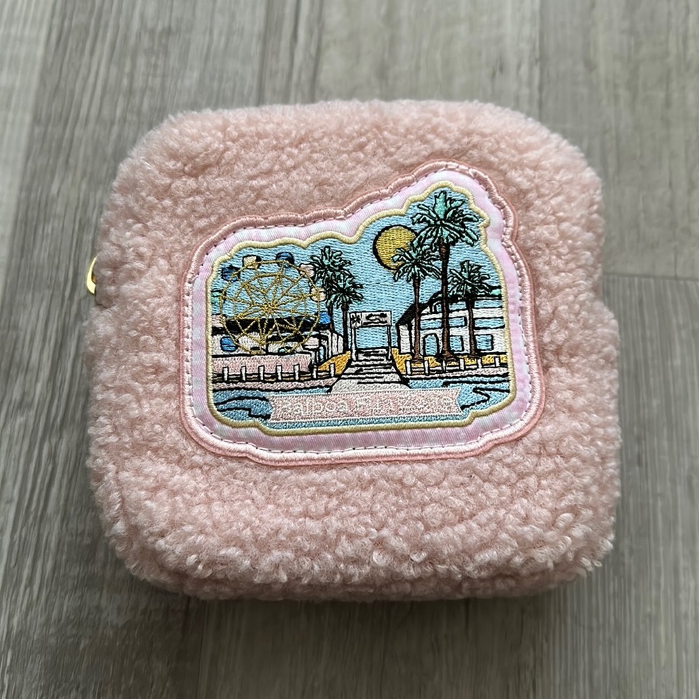 Stoney Clover Lane cozy pink sherpa mini pouch with Newport Beach patches